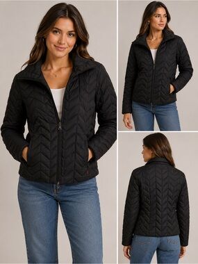 GUESS Black Goose Down Chevron Quilted Puffer Jacket Lightweight Winter Coat